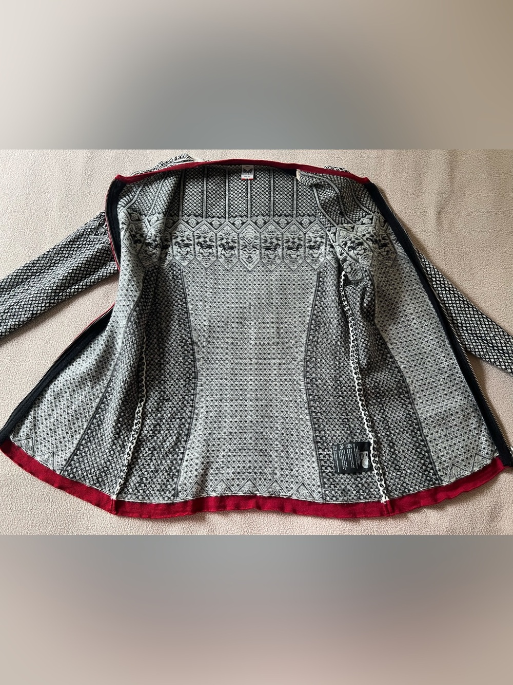 Dale of Norway Black and White Fair Isle Zip-Up Sweater with Red Trim - Picture 4 of 10